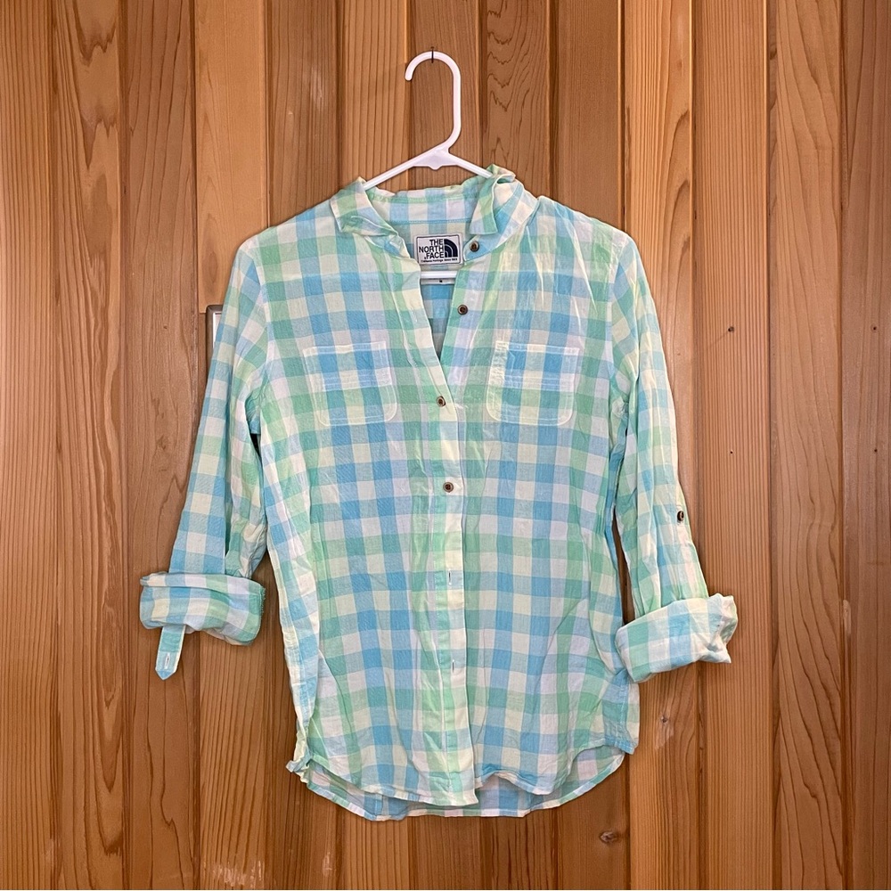 The North Face Green and Blue Plaid Shirt Size Medium